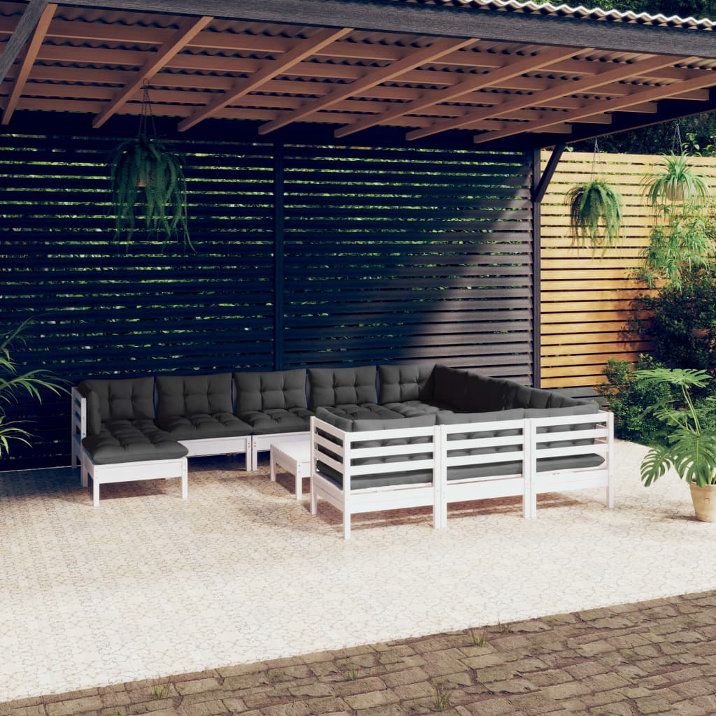 12-tlg. Garten-Lounge-Set mit Kissen Weiss Kiefernholz